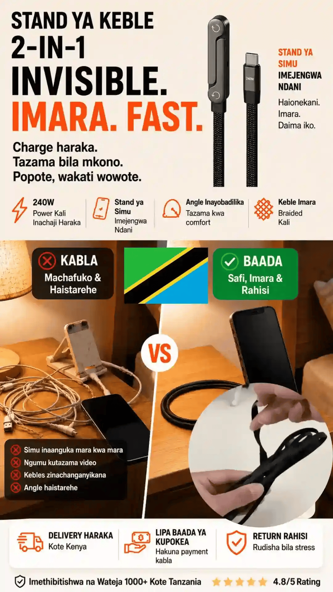 CableFlex 2-in-1 | Kishikilia Nyaya Mahiri chenye Stendi ya Simu Iliyojengewa Ndani